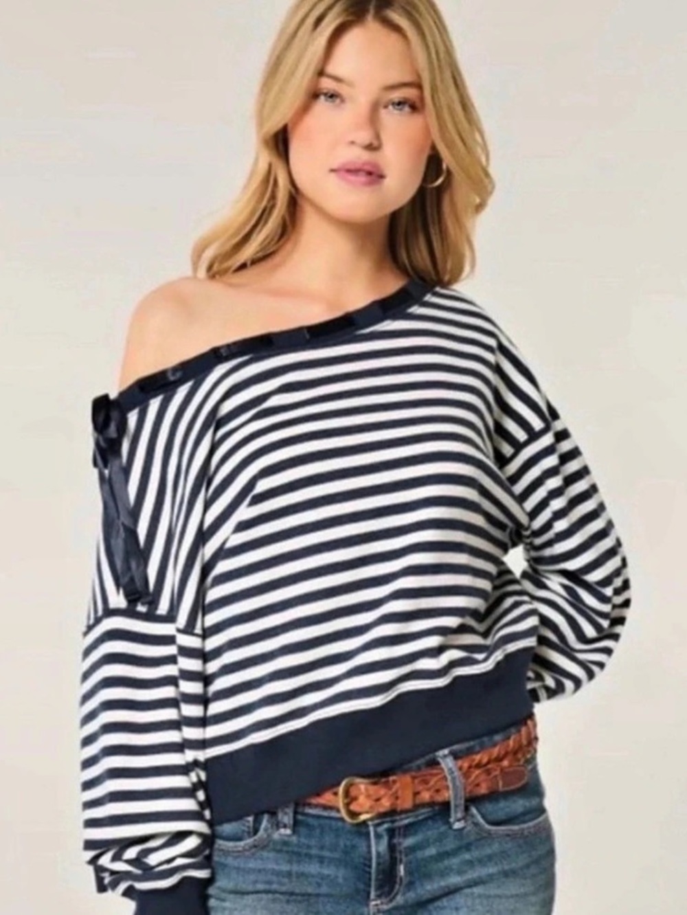 Hollister Banded Off-the-Shoulder Striped Sweatshirt Blue & White
